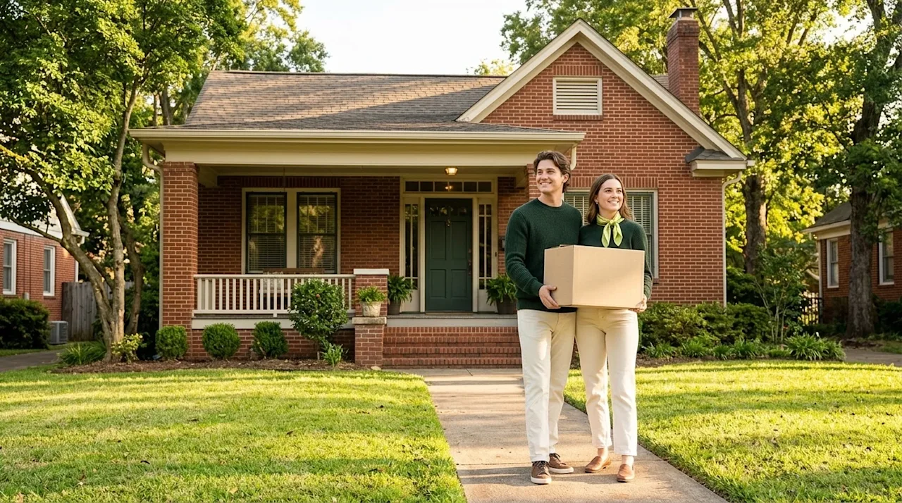 Clear and professional marketing photography of a beautiful, sunlit residential street in Little Rock, featuring a charming c
