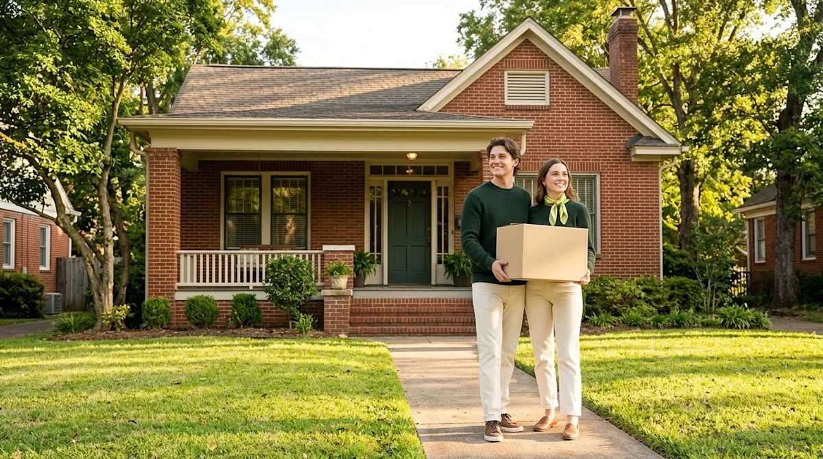 Clear and professional marketing photography of a beautiful, sunlit residential street in Little Rock, featuring a charming c