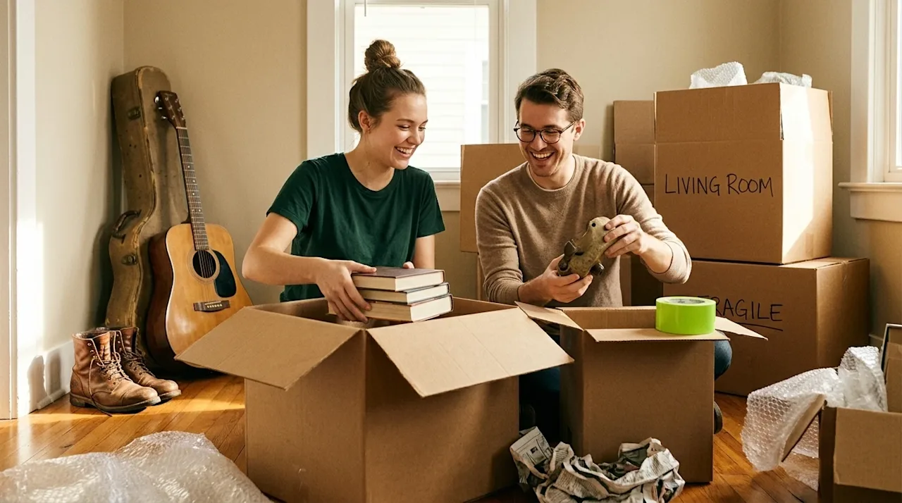 Candid lifestyle photography of a young couple happily packing their belongings into brown cardboard moving boxes in a warm,