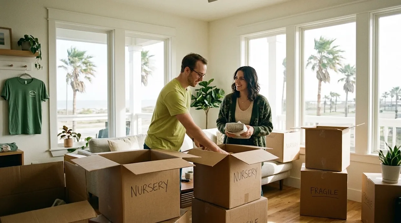 A candid, realistic lifestyle photograph of a couple unpacking cardboard moving boxes in a bright coastal home in Corpus Chri