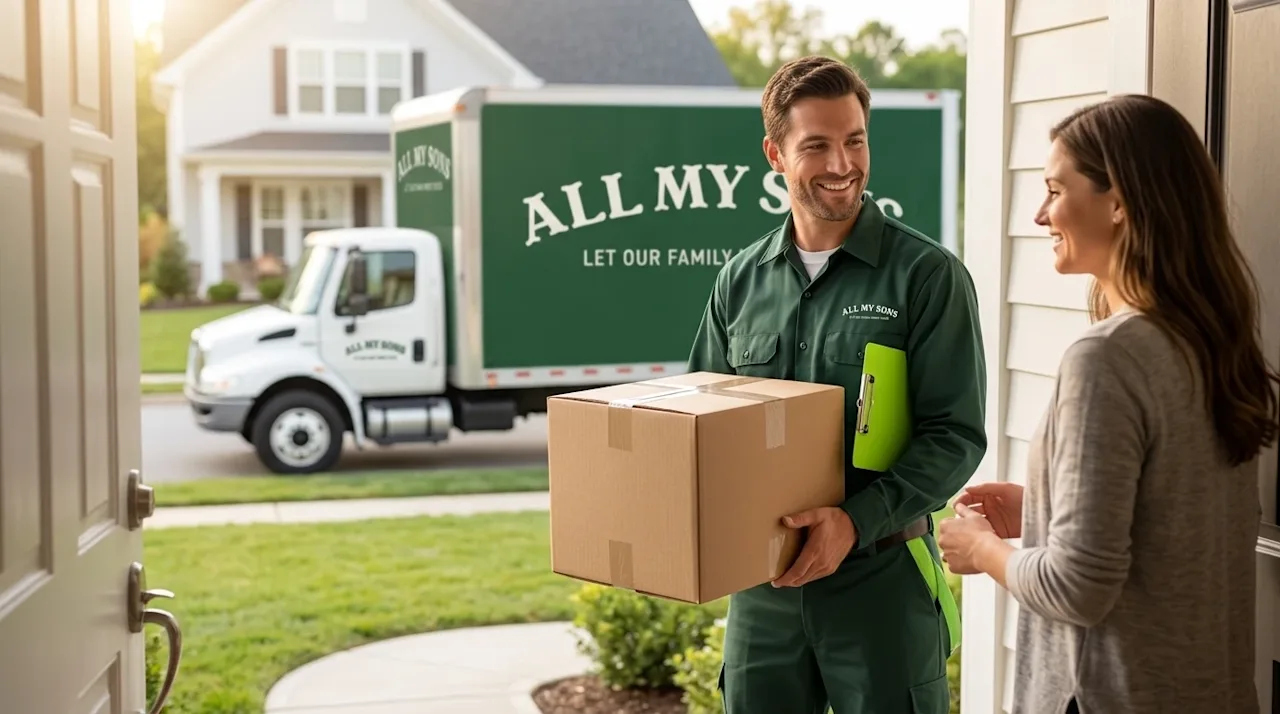 Professional marketing photography of a friendly professional mover wearing a deep forest green uniform shirt, smiling while