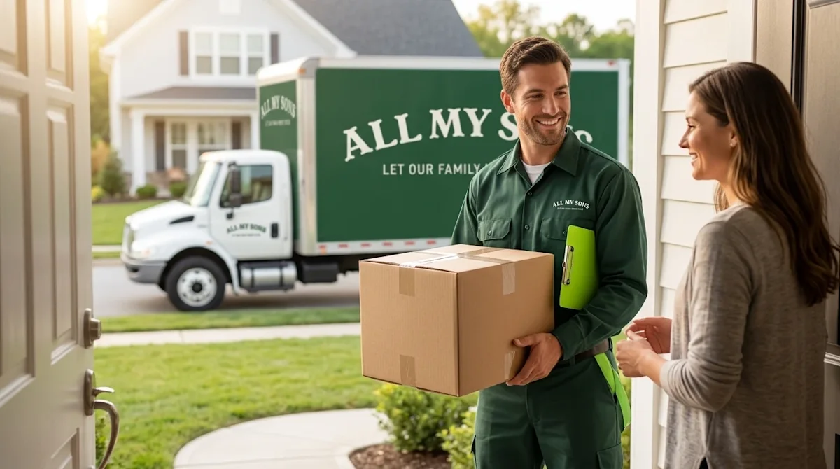 Professional marketing photography of a friendly professional mover wearing a deep forest green uniform shirt, smiling while