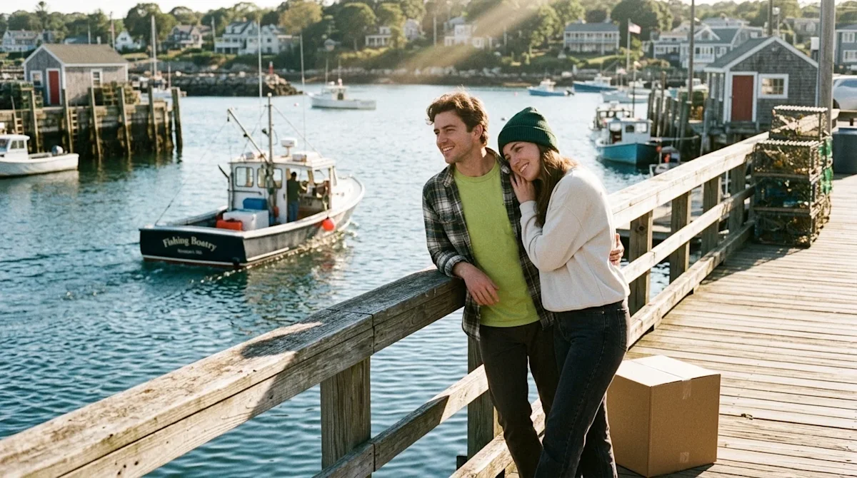 Candid, documentary-style 35mm film photography of a couple taking a break from unpacking to enjoy the scenic coastal harbor