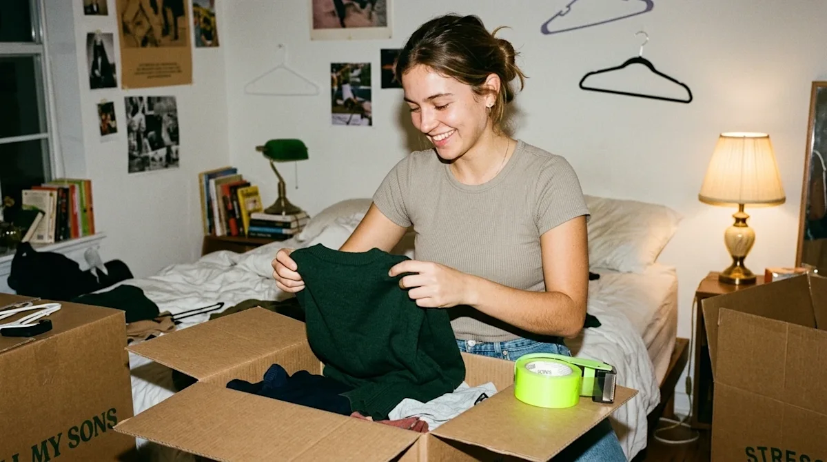 A happy young woman packing her clothes into moving boxes at home for relocation.