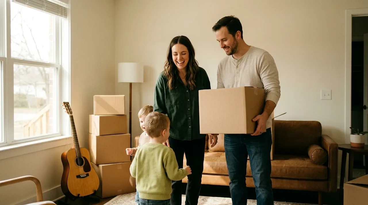 Candid, warm 35mm lifestyle photograph of a happy family with two young children settling into their new home in Nashville. T