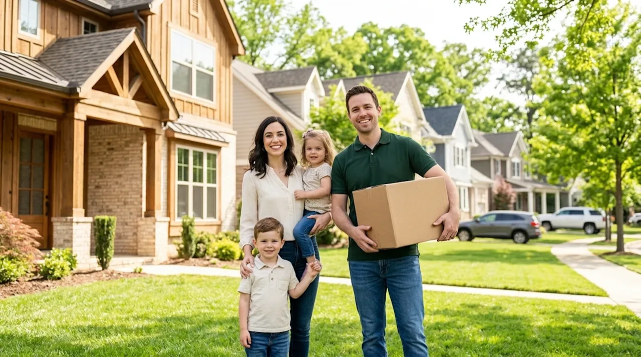 Professional marketing photography of a smiling young family standing in the sunny front yard of a beautiful, modern suburban