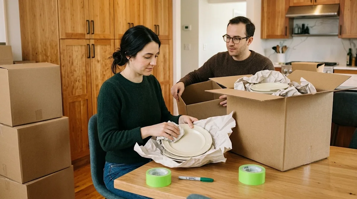 Candid lifestyle photography of a family properly packing for a move in a brightly lit, warm home interior. A person is caref