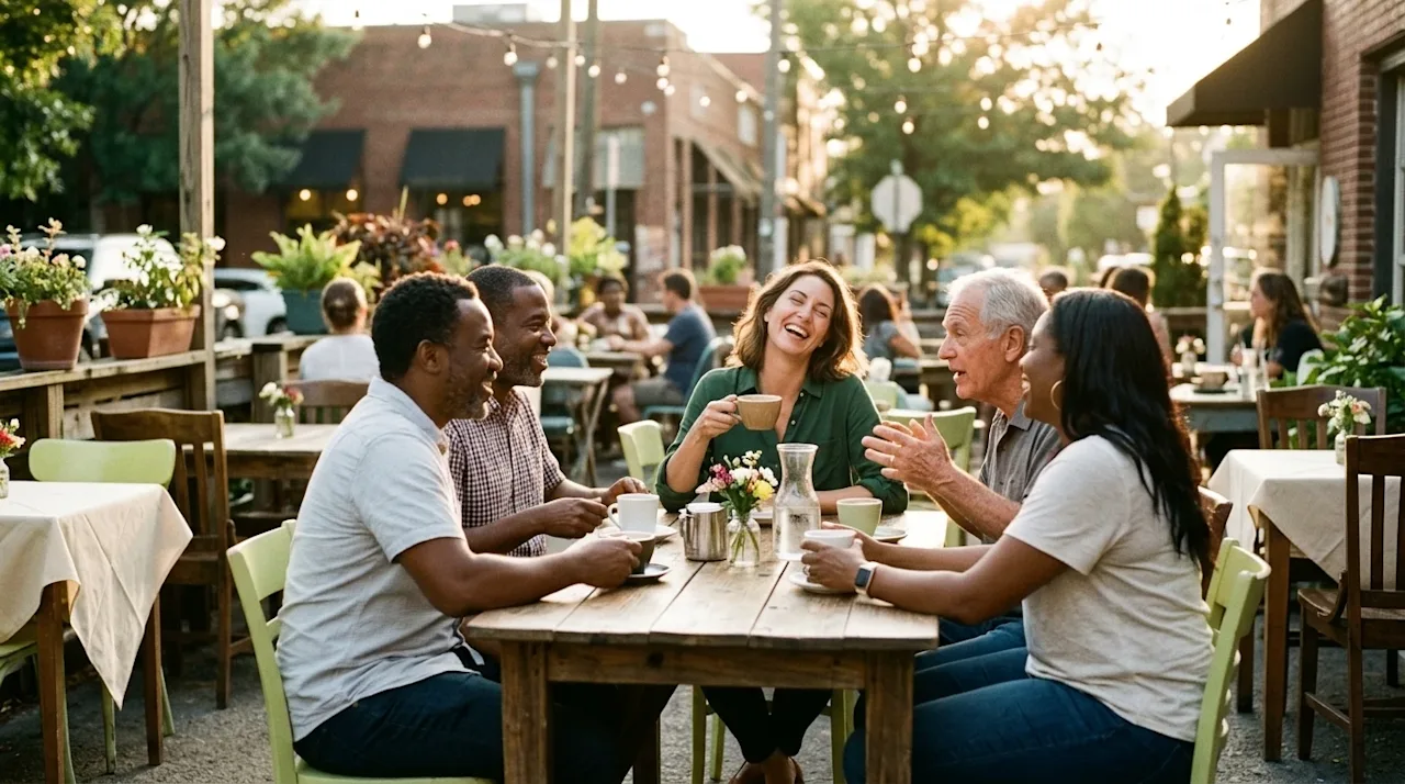 Candid lifestyle film photograph of a diverse group of friendly adults laughing and chatting around a rustic wooden table at
