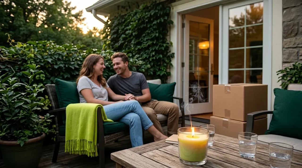 Clear, professional marketing photography of a warm summer evening on a cozy home patio. In the foreground, a warmly glowing