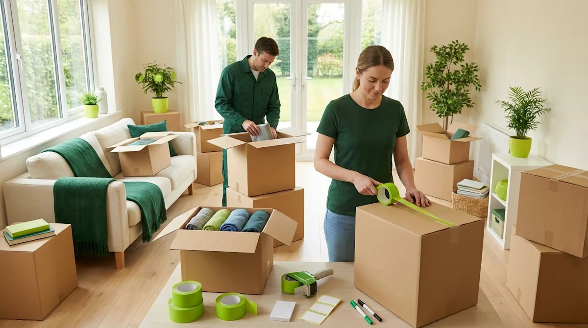 Couple packing organized moving boxes in a bright living room with lime green tape and deep green accents.