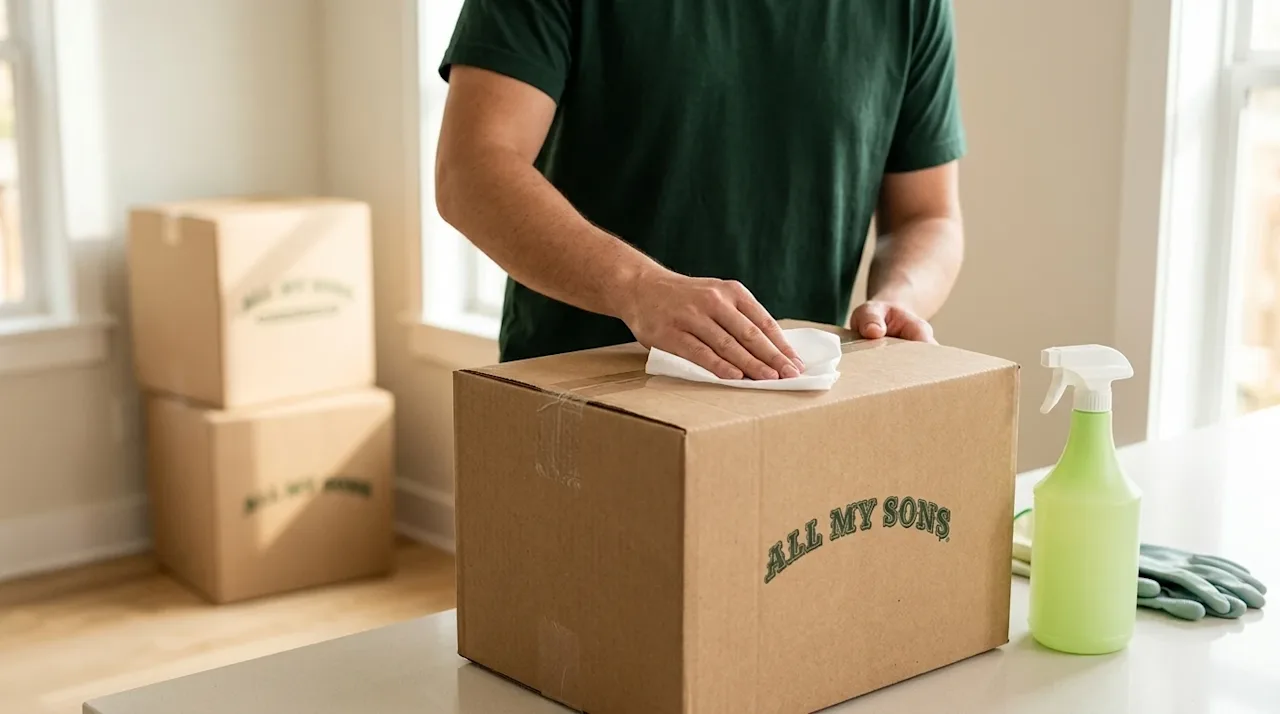 Professional marketing photography of a person carefully sanitizing a brown cardboard moving box. The person is wearing a dar