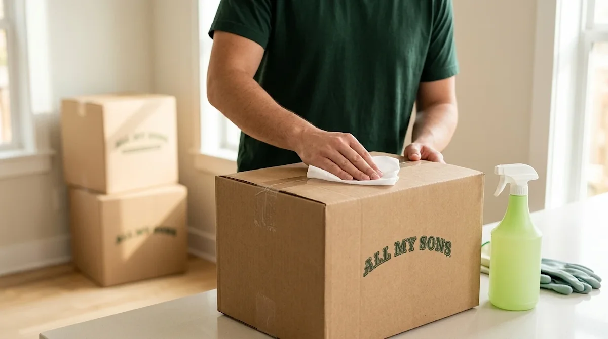 Professional marketing photography of a person carefully sanitizing a brown cardboard moving box. The person is wearing a dar