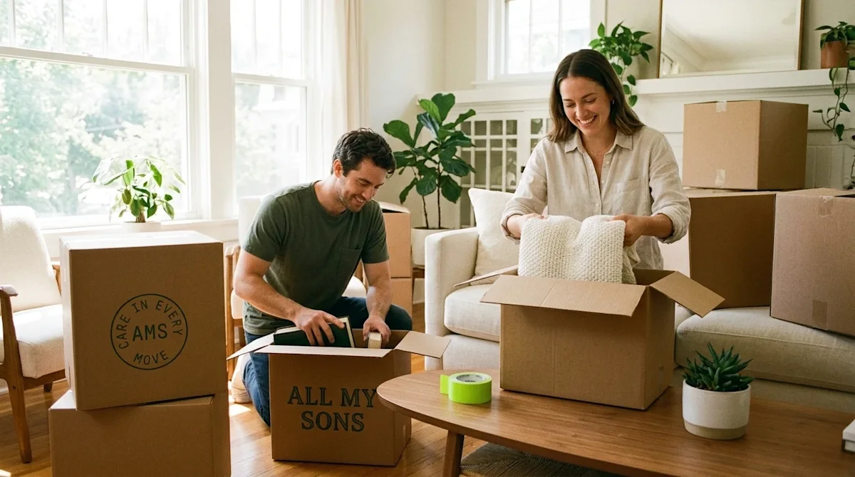 Candid lifestyle photography of a smiling couple preparing their bright, sun-drenched home for a summer sale. They are declut