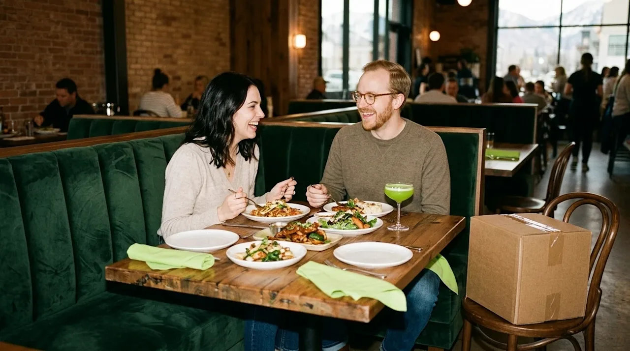 Candid 35mm lifestyle photography of a happy couple taking a break from moving to enjoy a delicious meal at a trendy, warm, a