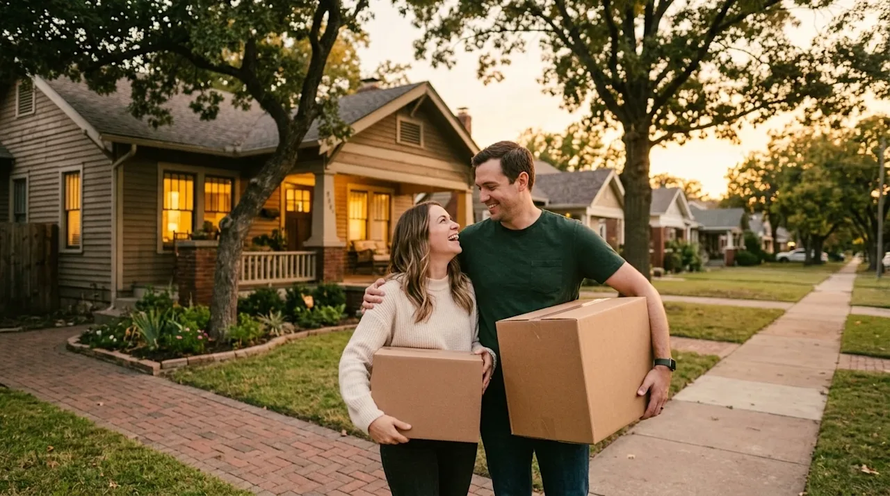Authentic candid 35mm film photography of a happy family moving into a charming suburban home characteristic of Tulsa. A moth