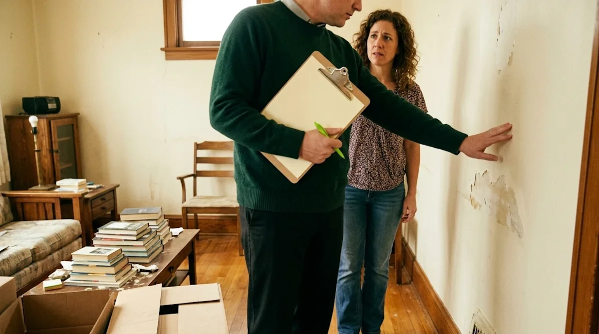 Authentic, candid lifestyle photography shot on 35mm film. The scene takes place inside a slightly dated, messy living room,