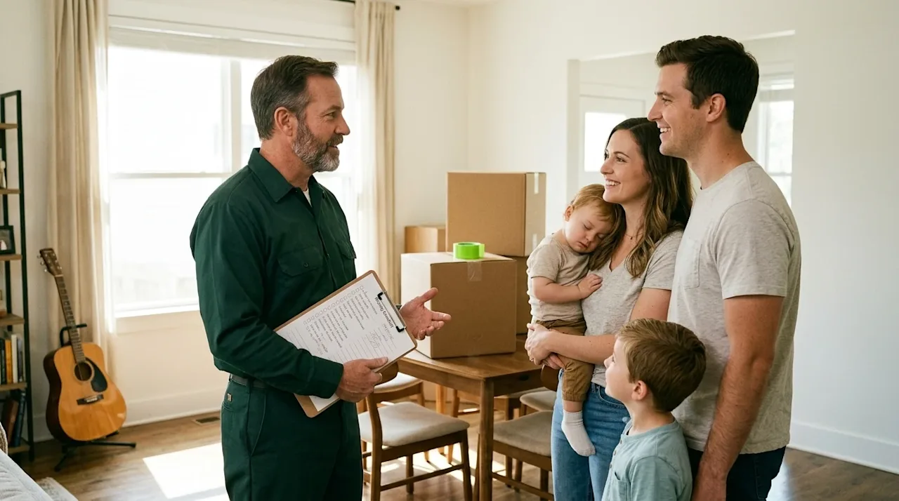 Candid lifestyle photography of a professional mover wearing a dark forest green uniform shirt, sharing helpful packing advic