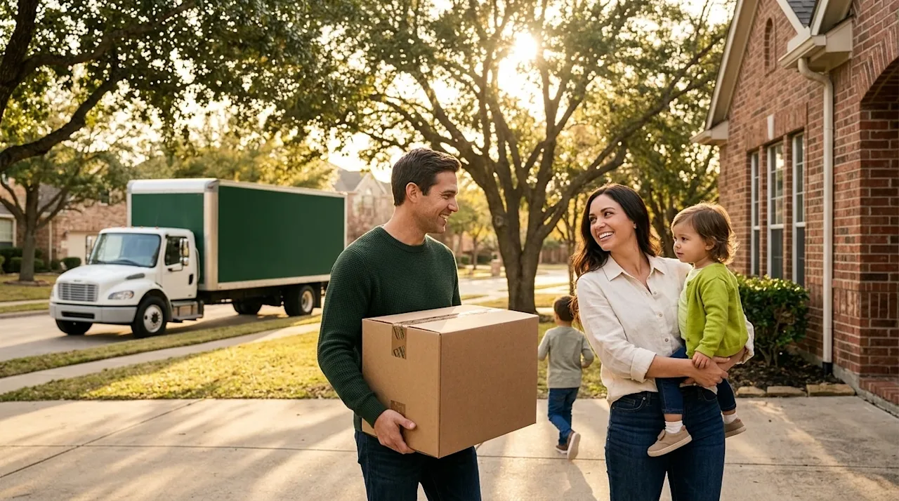 A professional marketing lifestyle photograph of a happy family arriving at their new, charming suburban home in McKinney, Te