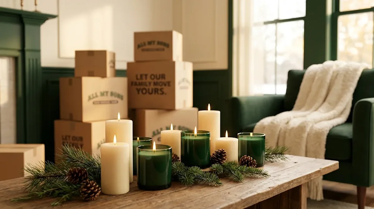 Cozy winter interior with candles and pine décor in a newly moved-into home featuring stacked moving boxes.