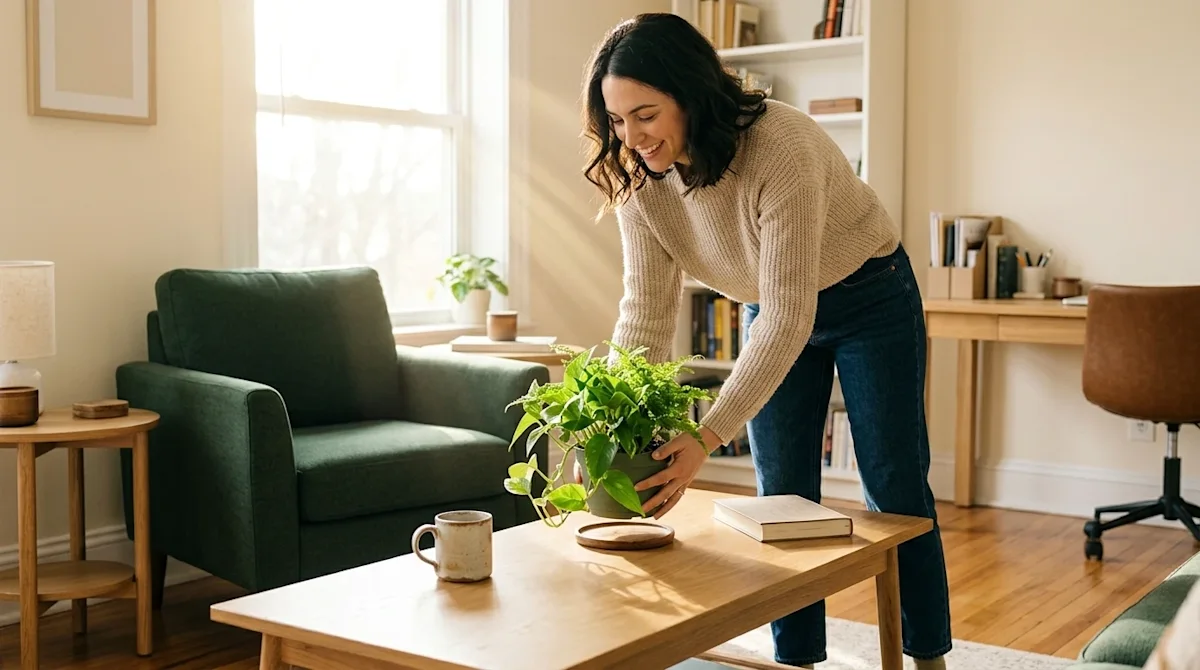 High-quality commercial lifestyle photography of a bright, beautifully organized home interior bathed in warm morning sunligh