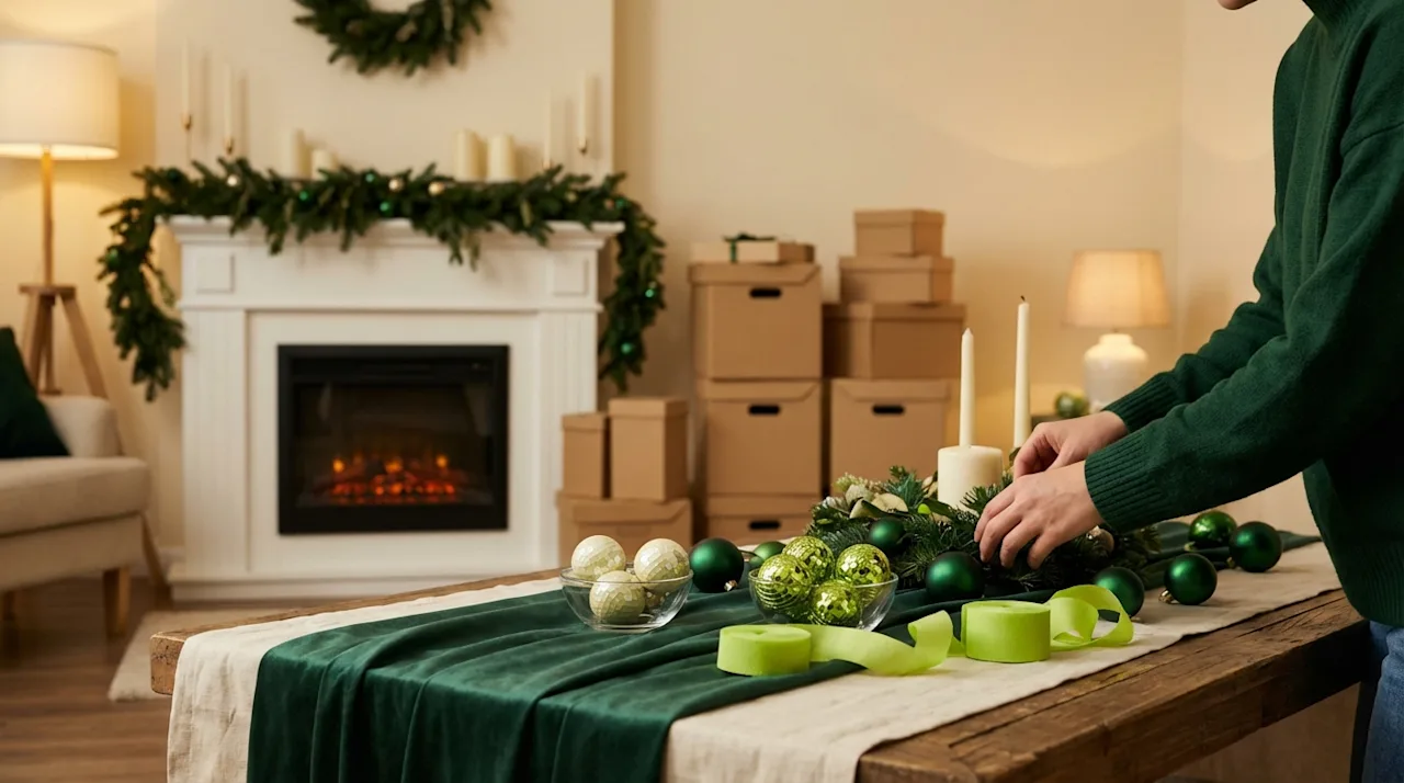 Person organizing green holiday decor on a table near stacked storage boxes in a cozy living room.