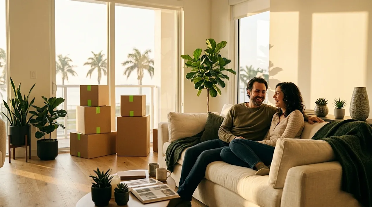 Professional marketing photography of a happy, relaxed couple sitting comfortably on a sofa in their bright, newly organized