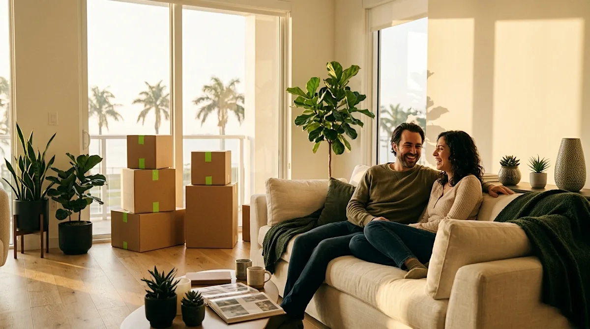 Professional marketing photography of a happy, relaxed couple sitting comfortably on a sofa in their bright, newly organized