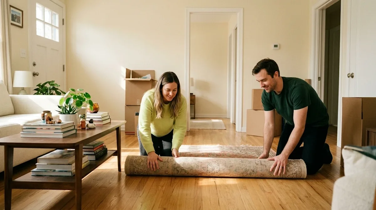 Candid lifestyle photography of a couple preparing their living room before movers arrive. They are actively rolling up an ar