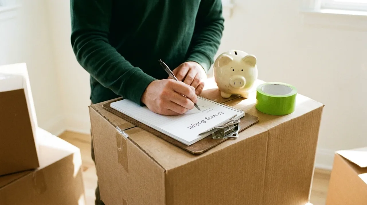 Candid lifestyle photography of a person's hands writing a moving budget on a wooden clipboard, resting on a stack of brown k