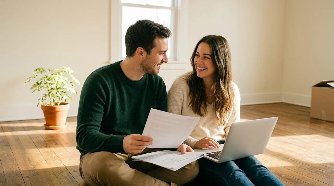 A candid, high-quality lifestyle photograph of a happy young couple sitting on the warm wood floor of their sunlit, empty new