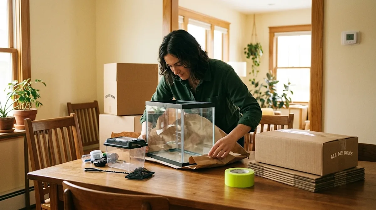 Candid, warm 35mm film lifestyle photography of a person carefully preparing a home aquarium for a move. The scene takes plac