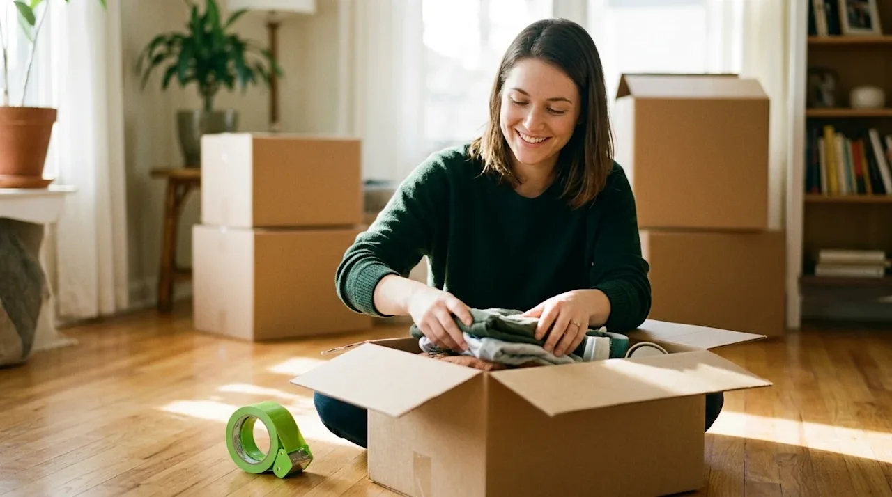 Candid lifestyle photography of a smiling person sitting on a sunlit living room floor, happily sorting through belongings to