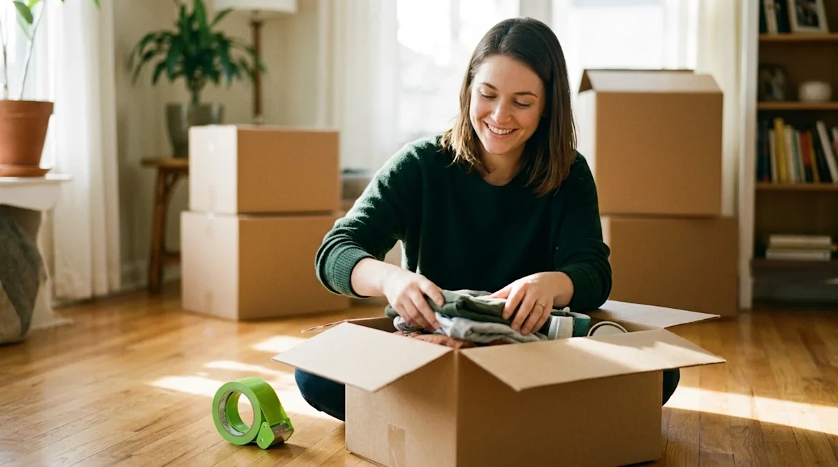 Candid lifestyle photography of a smiling person sitting on a sunlit living room floor, happily sorting through belongings to