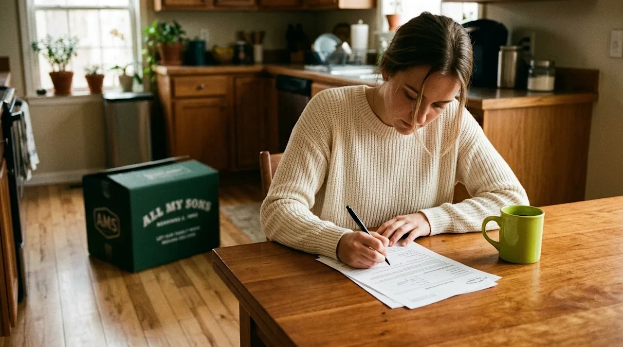 Candid lifestyle photography of a focused person sitting at a warm, wooden kitchen table, carefully reviewing a printed docum