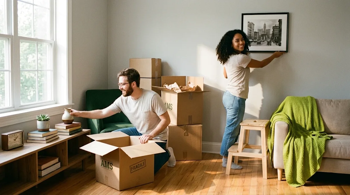 Authentic, candid lifestyle photography of a smiling couple decorating their new living room and adding personal touches afte