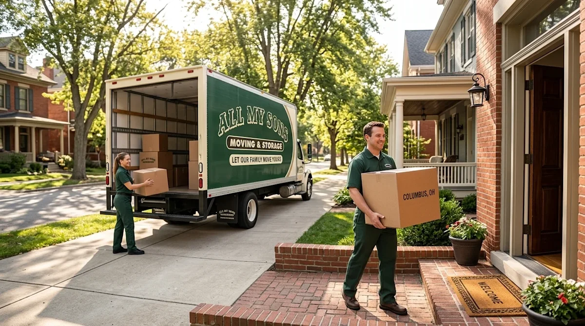 A professional, high-quality commercial photograph serving as a blog hero image, welcoming new residents to Columbus, Ohio. T