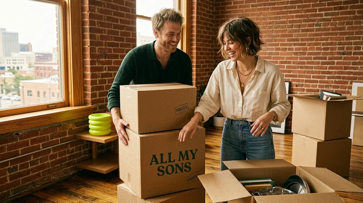 Professional marketing photography of a trendy, happy young couple casually unpacking in a vibrant, sunlit apartment with exp