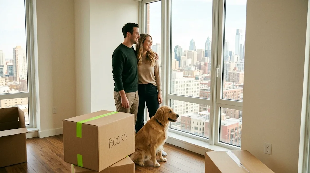 Candid lifestyle photography of a happy millennial couple standing in their new modern city loft apartment, looking out a lar