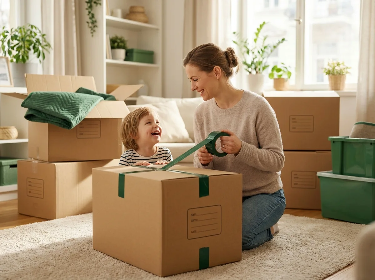 A woman and a toddler kneeling on a rug, sealing a cardboard box with green packing tape amidst other packed boxes and bins.