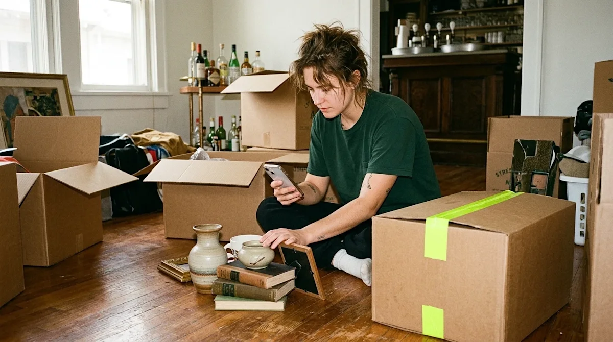 Candid lifestyle 35mm film photography of a young adult sitting on the hardwood floor of a newly moved-in living room, surrou