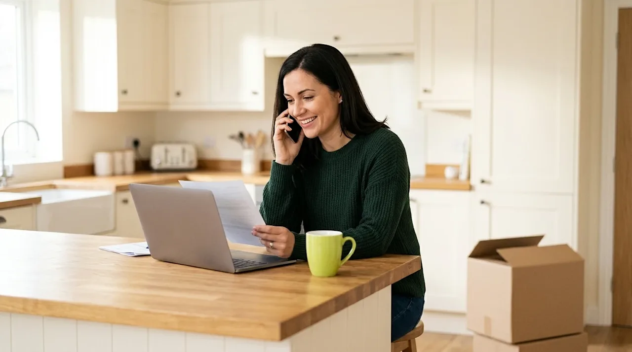 Clear, professional marketing photography of a relieved homeowner sitting at a warm wooden kitchen island in a bright, sunlit