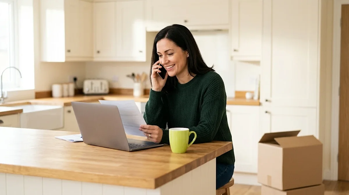Clear, professional marketing photography of a relieved homeowner sitting at a warm wooden kitchen island in a bright, sunlit