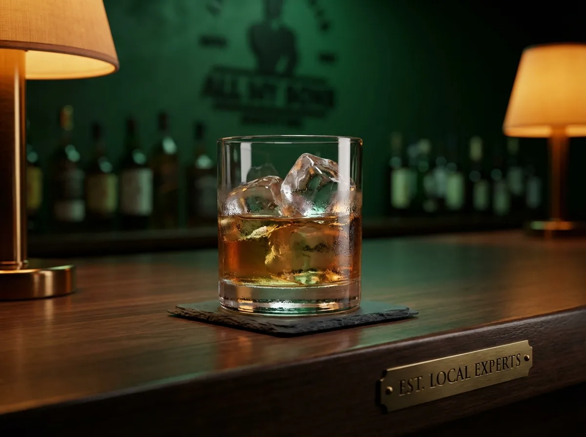 A glass of whiskey on the rocks sitting on a wooden bar next to a brass plaque reading 'Est. Local Experts,' with a faint All My Sons logo in the background.