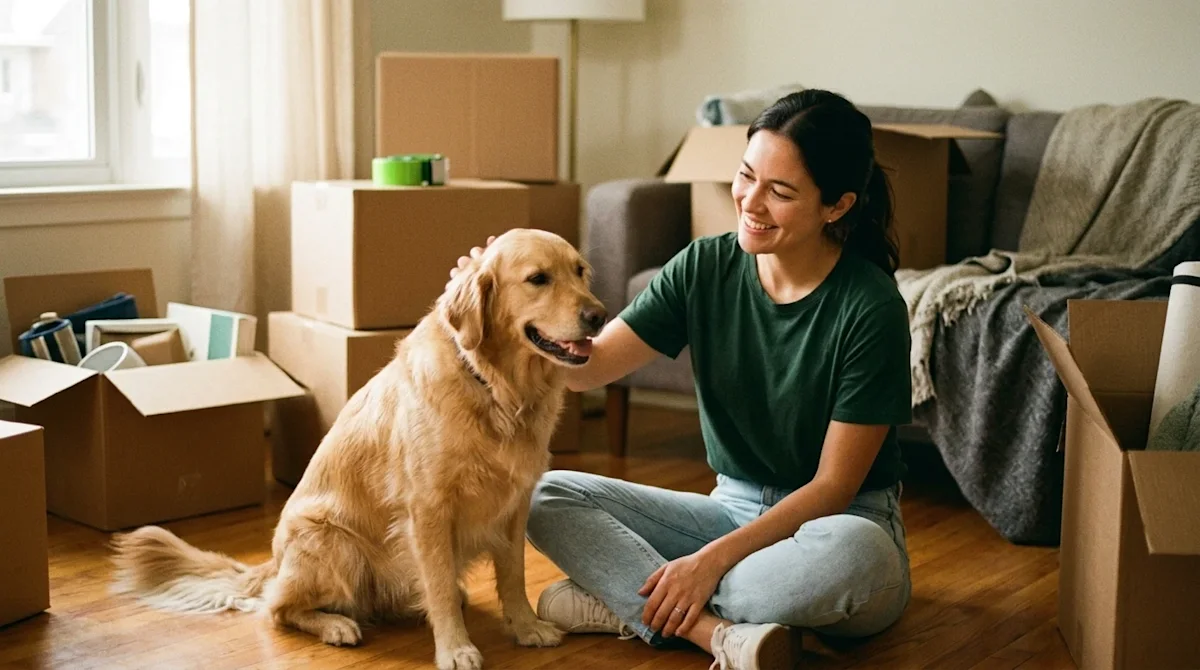 Authentic lifestyle photography of a moving day with a pet. A smiling woman wearing a casual dark forest green t-shirt sits o