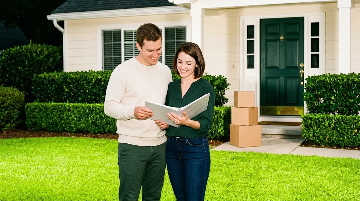 Candid 35mm direct flash photography of a happy young couple standing on a perfectly manicured, vibrant lime-green lawn in fr
