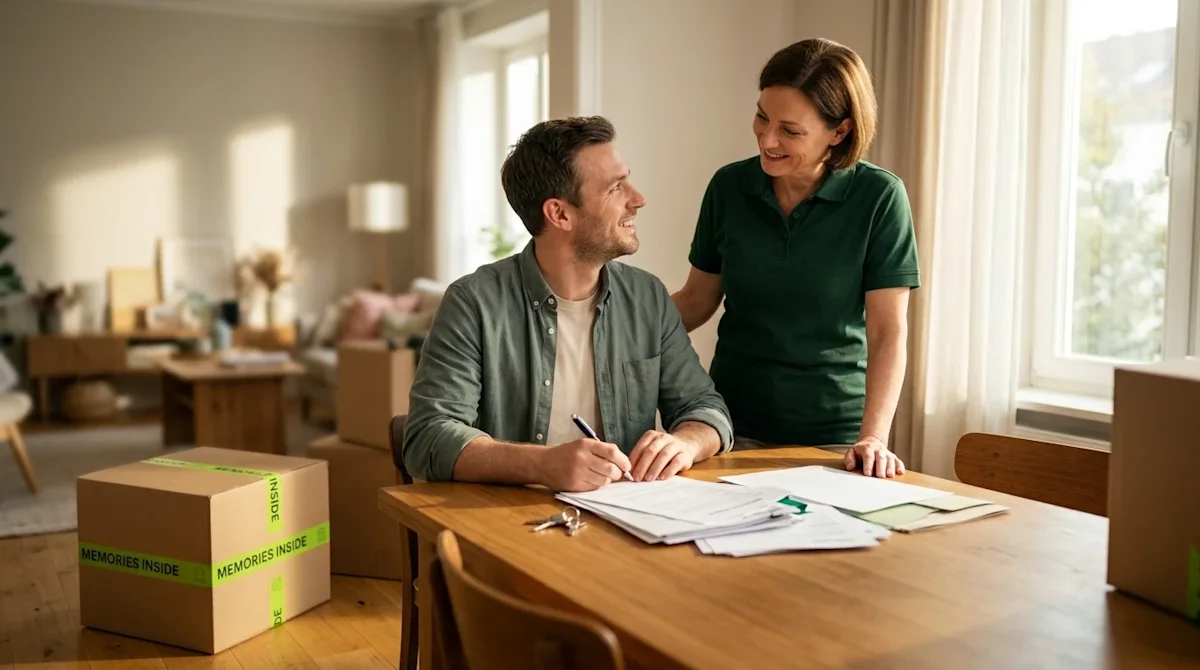 Professional marketing lifestyle photography of a relieved homeowner signing real estate transaction paperwork at a warm wood