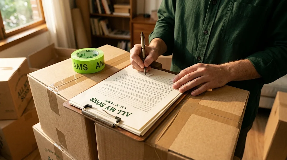 Authentic lifestyle photography of a person's hands reviewing official moving contracts and a bill of lading on a wooden clip