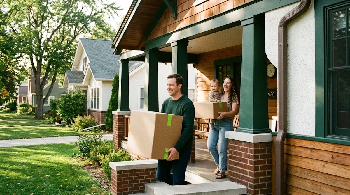 Candid 35mm film lifestyle photography of a happy family moving into a welcoming Midwestern craftsman-style home. A mother an