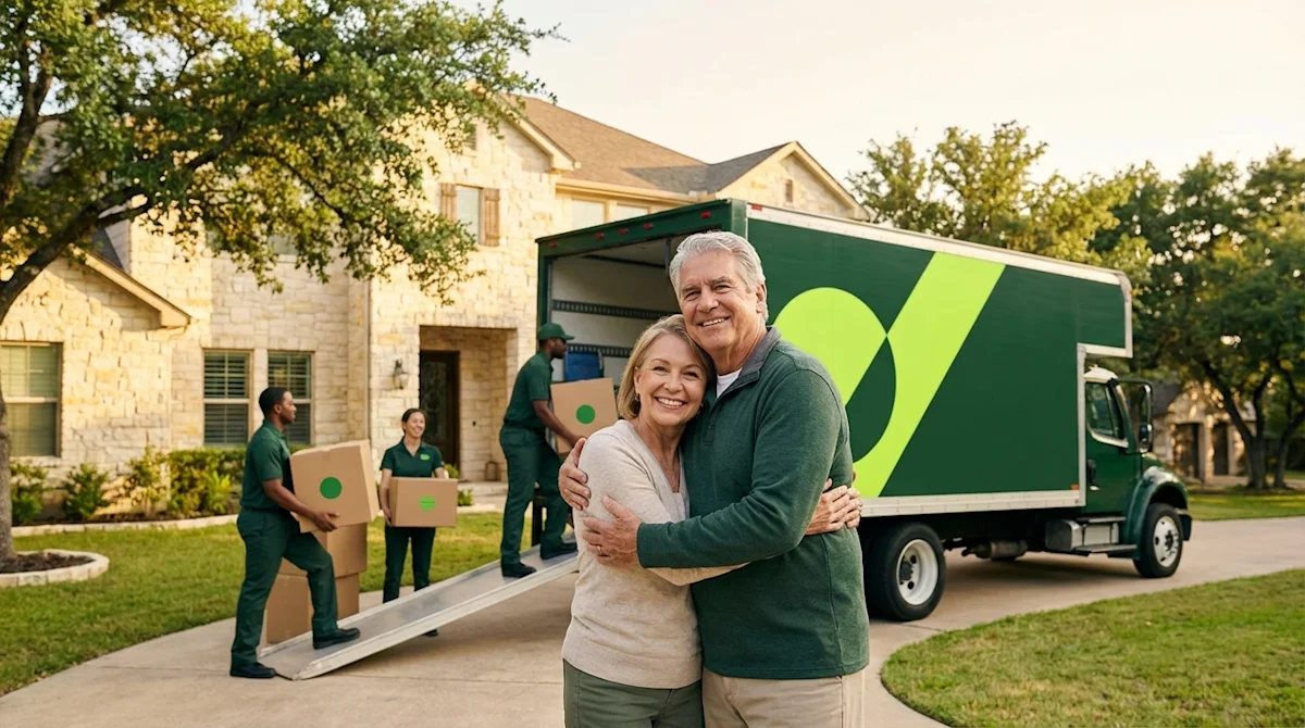 Retired couple smiling in front of Austin home with professional movers and green truck in background