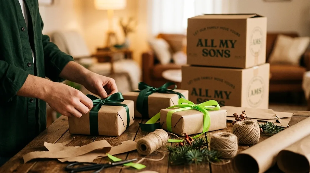 A warm, candid lifestyle photograph of a person's hands creating DIY stocking stuffers on a rustic wooden table. The handmade